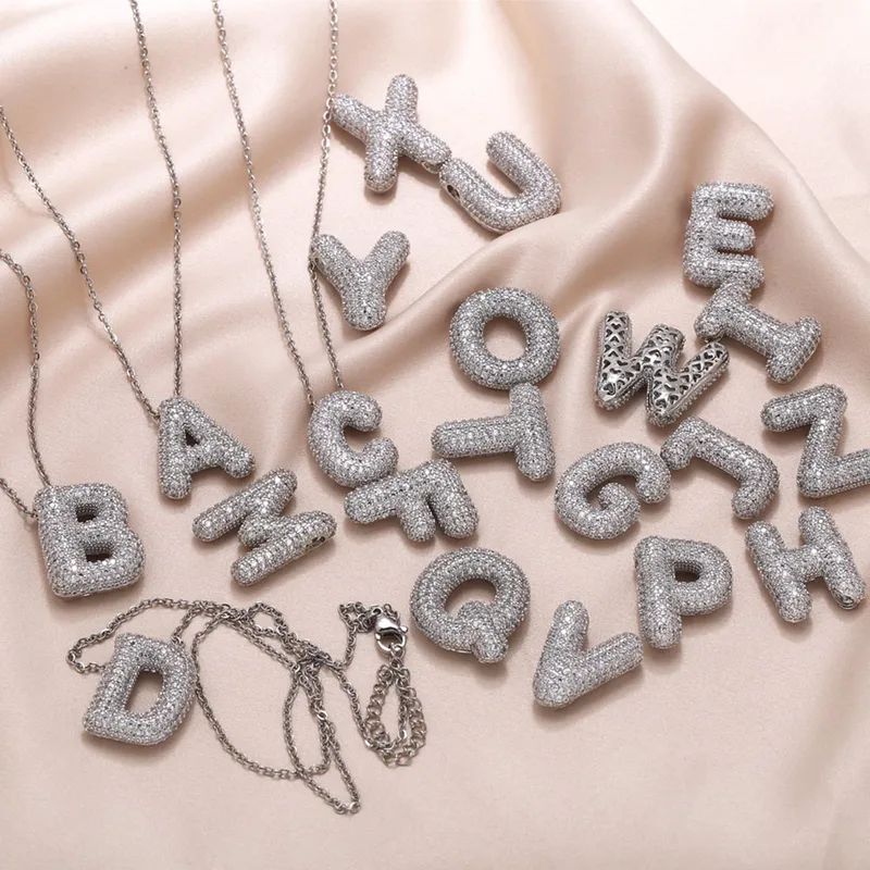 Paved Puffy Initial Necklace -Silver
