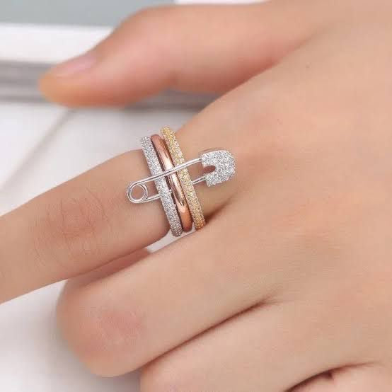 LUX Safety Pin Stacked Ring -Tri Toned | Zircon Encrusted