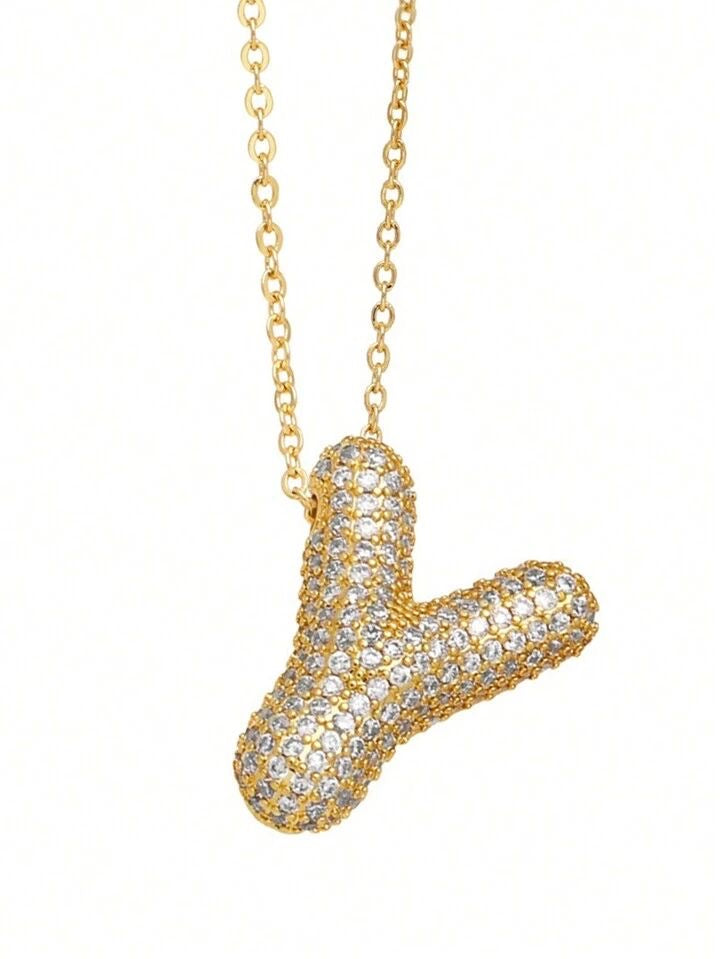 Paved Puffy Initial Necklace -18K