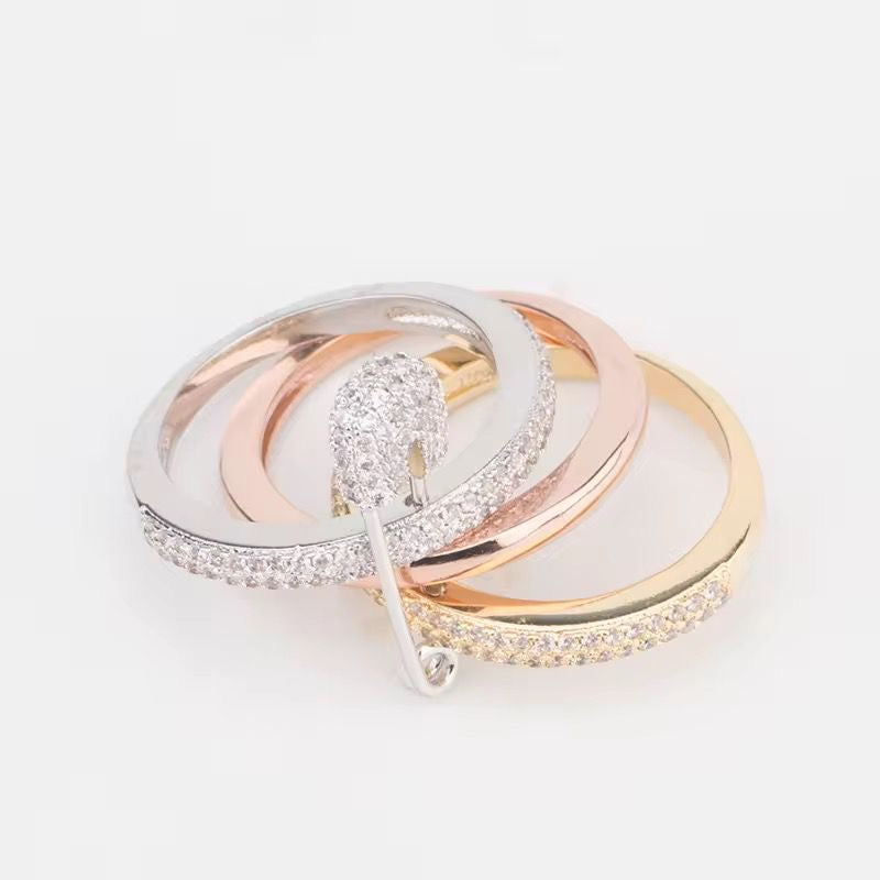LUX Safety Pin Stacked Ring -Tri Toned | Zircon Encrusted