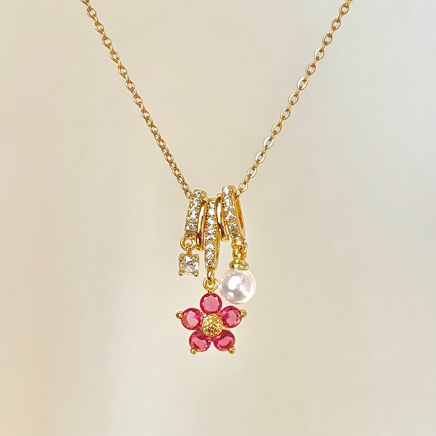 Fuchsia Florentine Pearl Gem Charm Necklace -18K