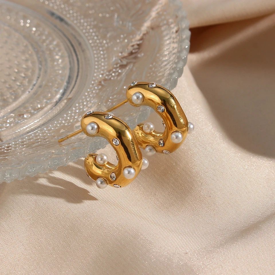 Hammered Pearls & Cz C Hoops