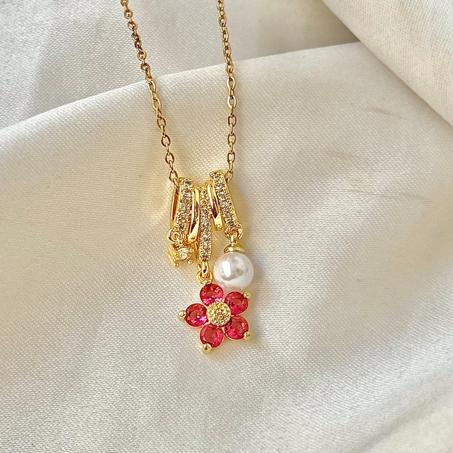 Fuchsia Florentine Pearl Gem Charm Necklace -18K