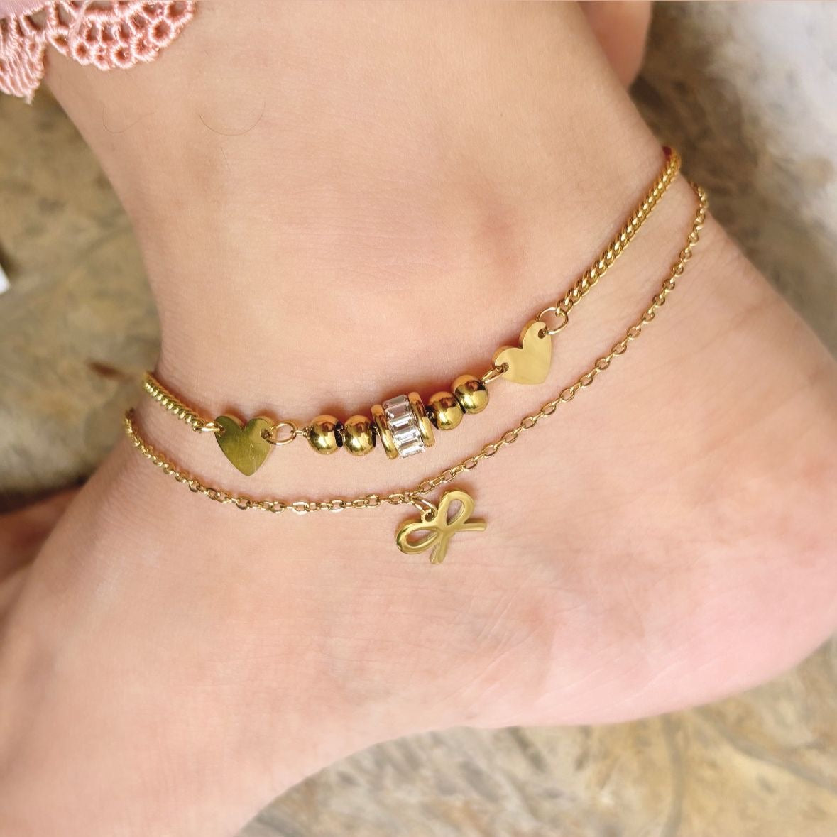 Bow Hearts Layered Anklet