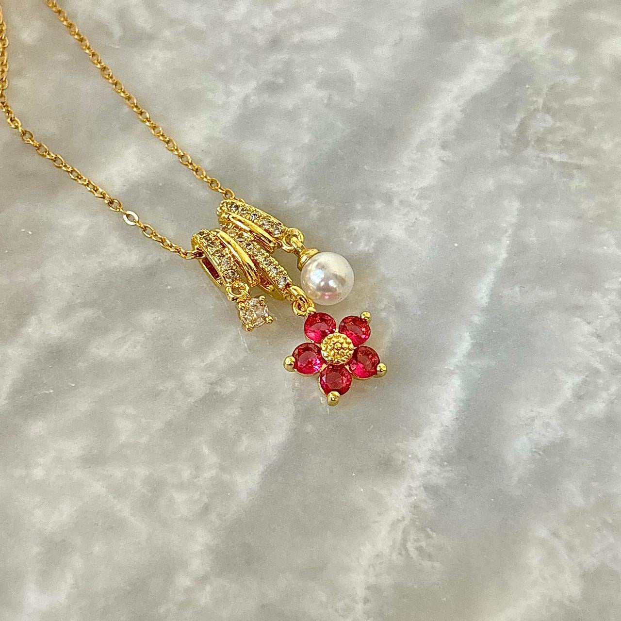 Fuchsia Florentine Pearl Gem Charm Necklace -18K