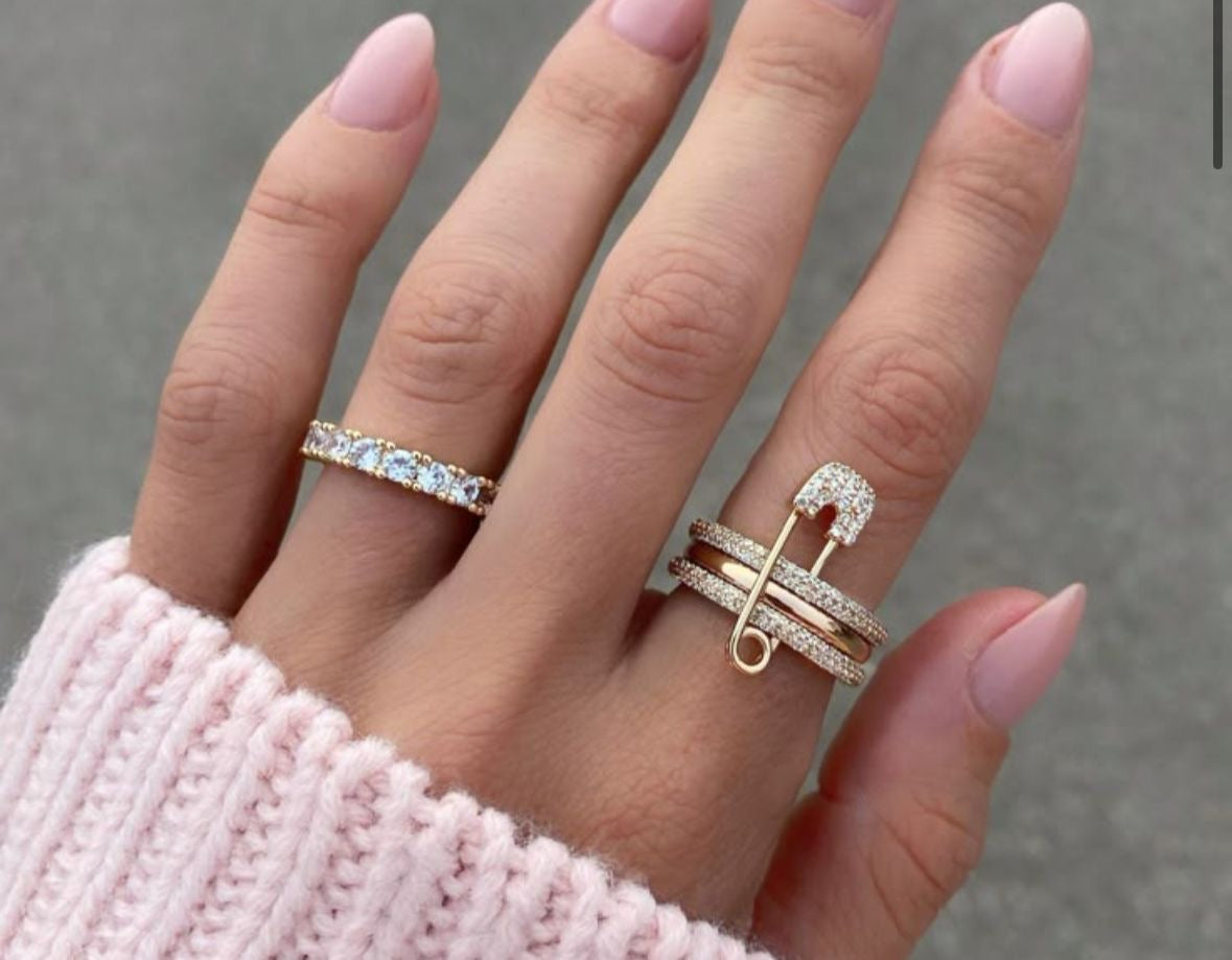 LUX Safety Pin Stacked Ring -Zircon Encrusted