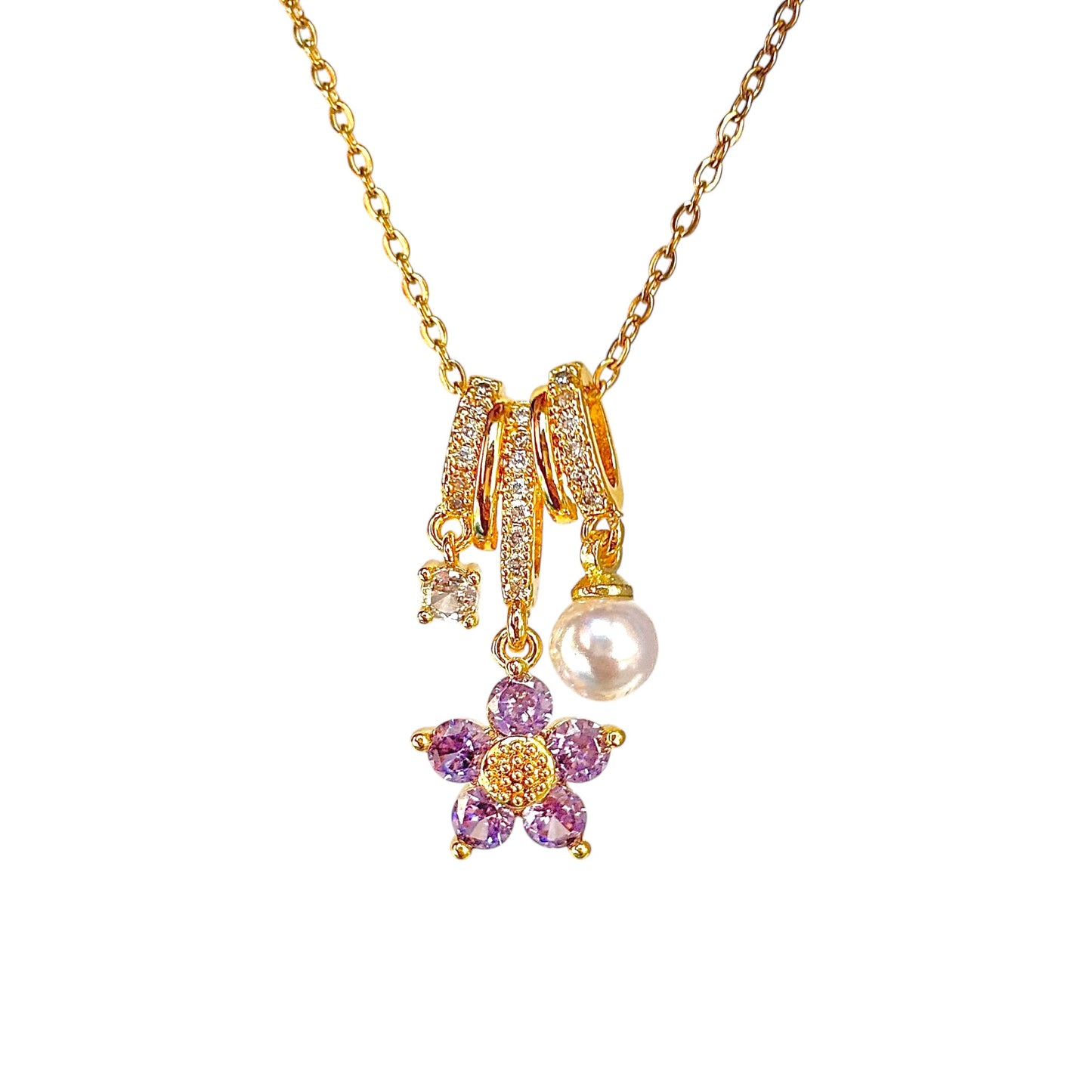 Lilac Florentine Pearl Gem Charm Necklace -18K