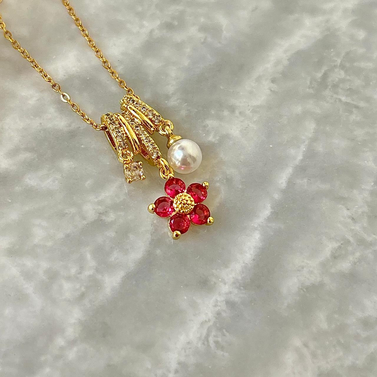 Fuchsia Florentine Pearl Gem Charm Necklace -18K