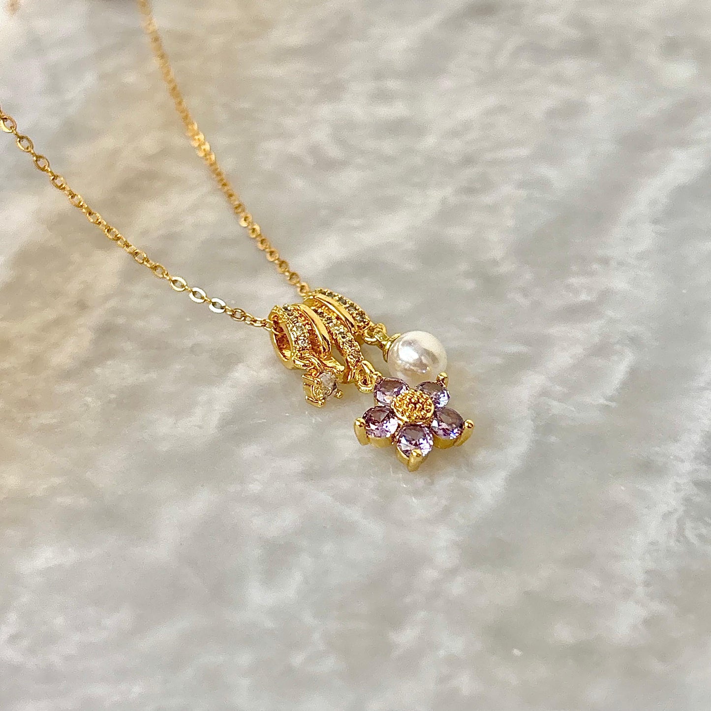 Lilac Florentine Pearl Gem Charm Necklace -18K