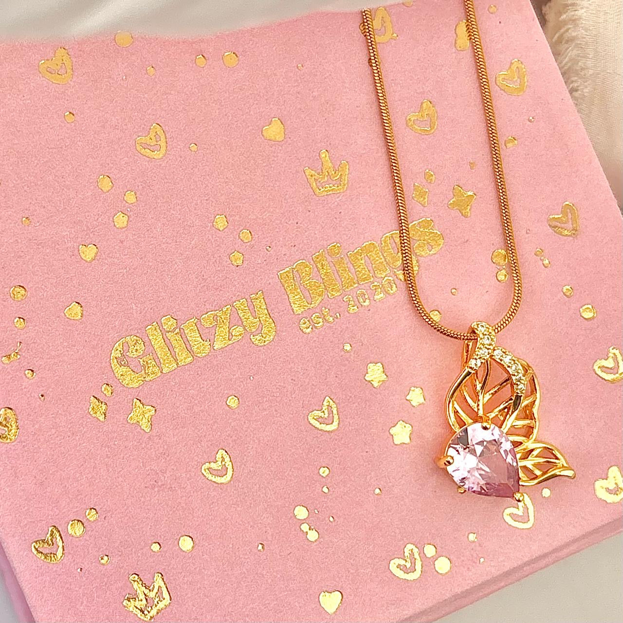 Pink Leafy Zirconia Necklace -18K