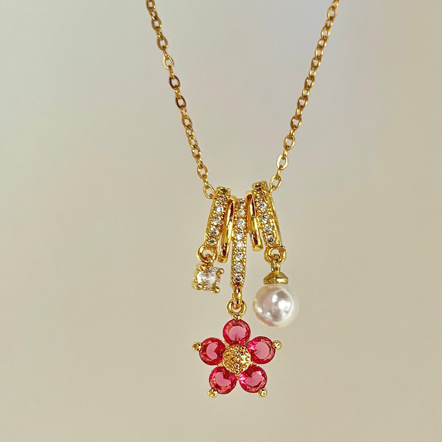 Fuchsia Florentine Pearl Gem Charm Necklace -18K