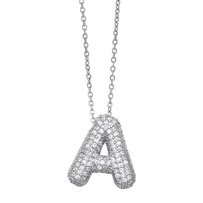 Paved Puffy Initial Necklace -Silver