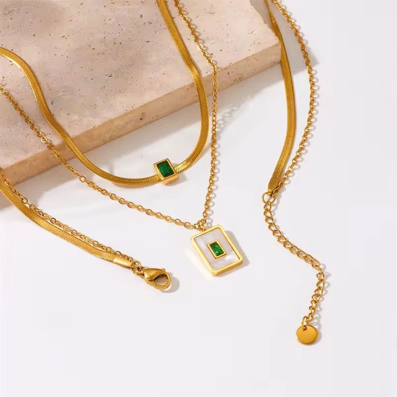 Emerald X Shell Stacked Layered Necklace -18K