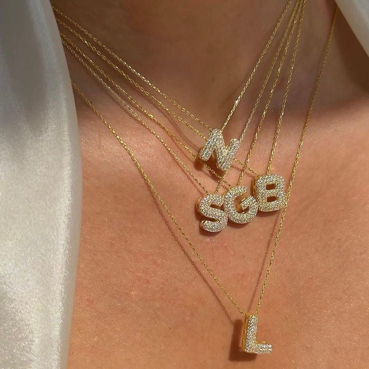 Paved Puffy Initial Necklace -18K