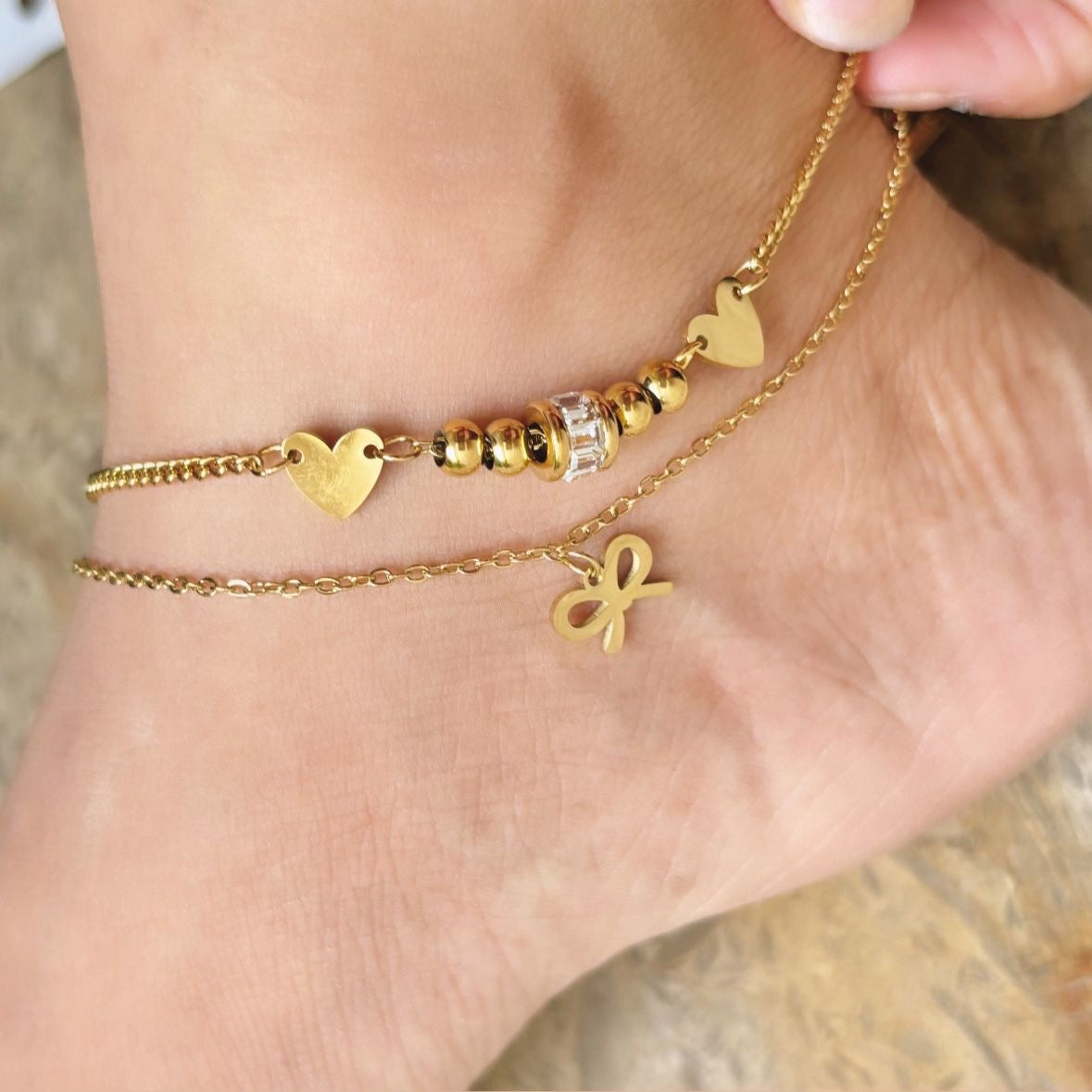 Bow Hearts Layered Anklet