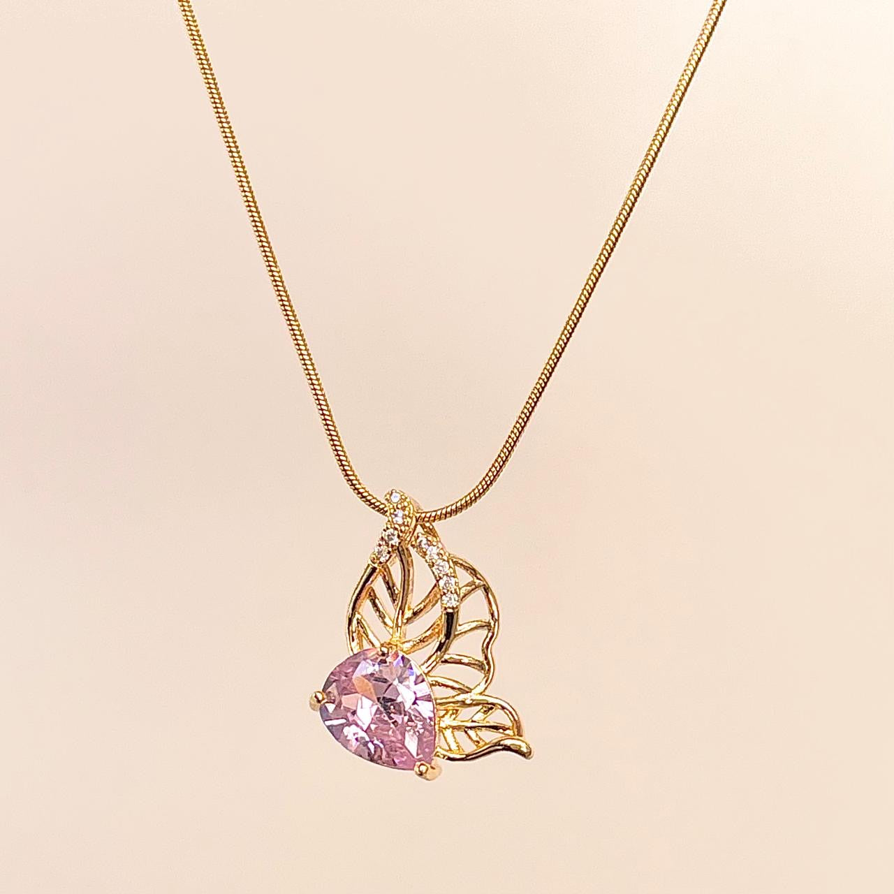 Pink Leafy Zirconia Necklace -18K