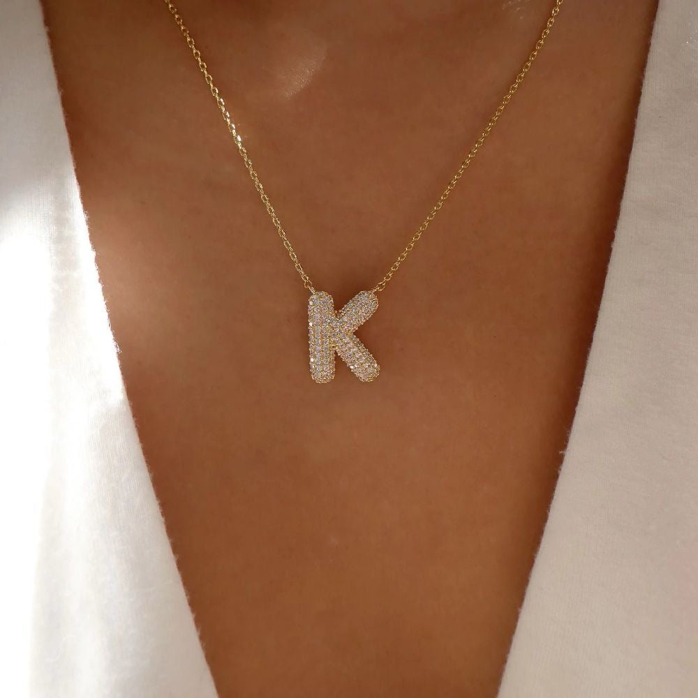 Paved Puffy Initial Necklace -18K