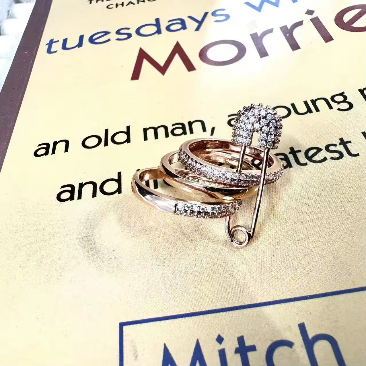 LUX Safety Pin Stacked Ring -Tri Toned | Zircon Encrusted