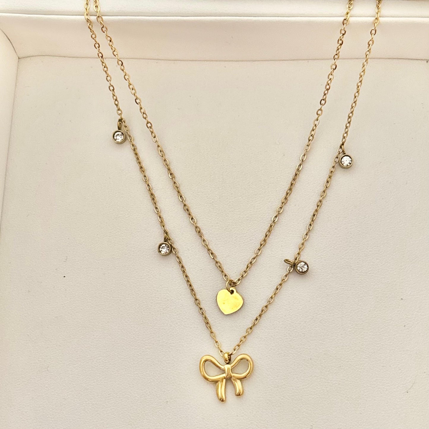Bow Diamantés Heart Charm Layered Necklace -18K