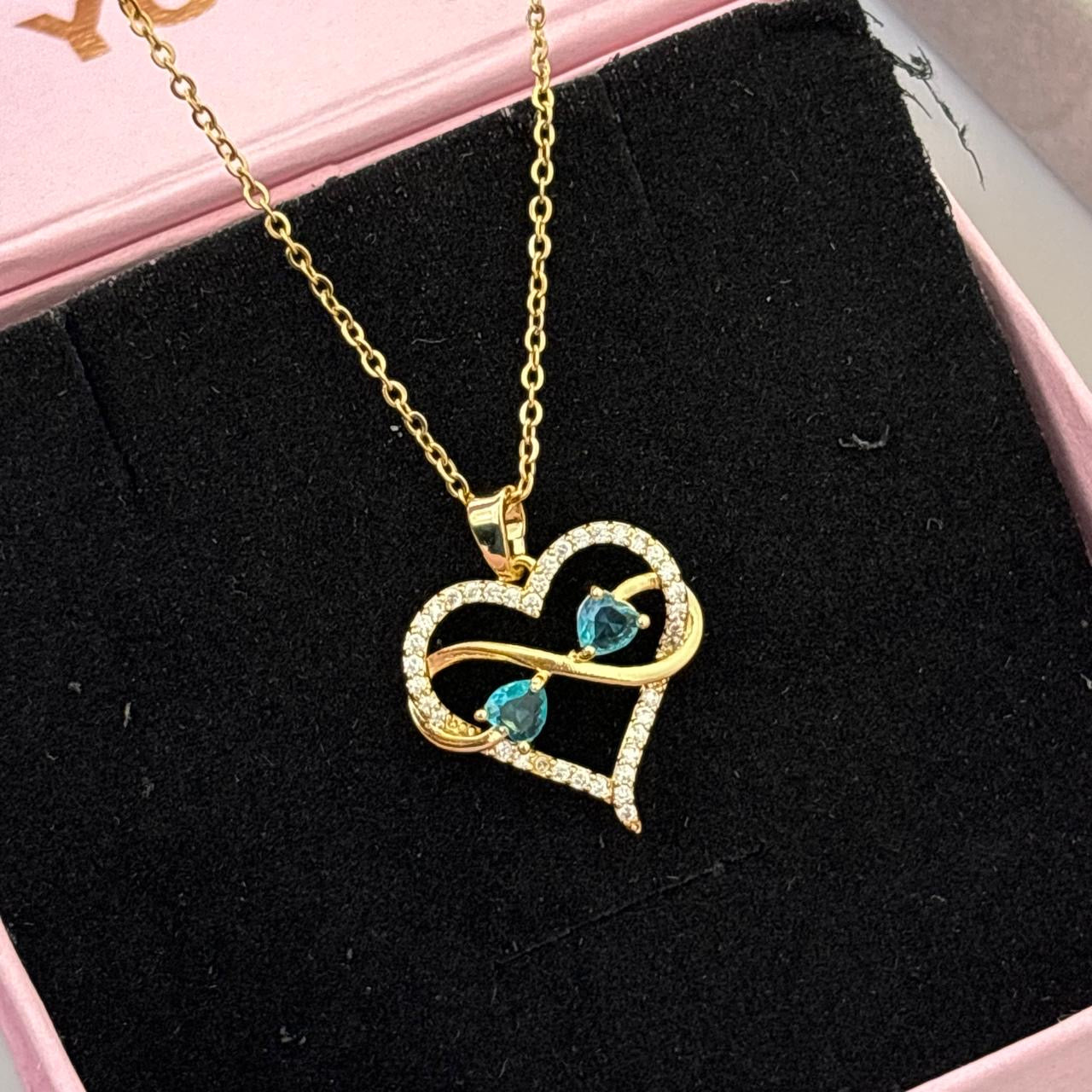 Heart Infinity Aqua X White Zircon Necklace -18K