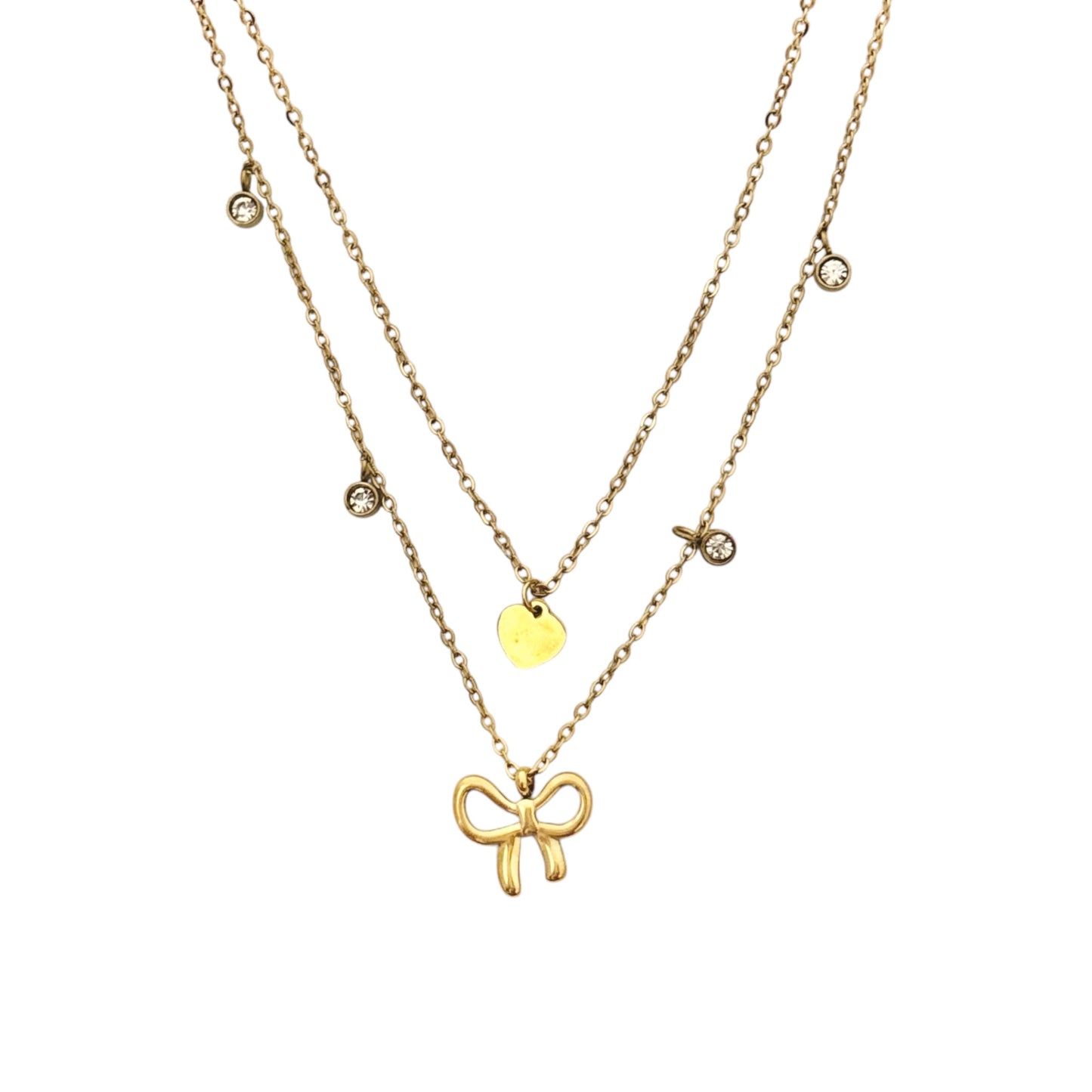 Bow Diamantés Heart Charm Layered Necklace -18K