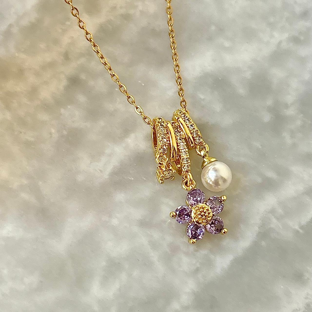 Lilac Florentine Pearl Gem Charm Necklace -18K