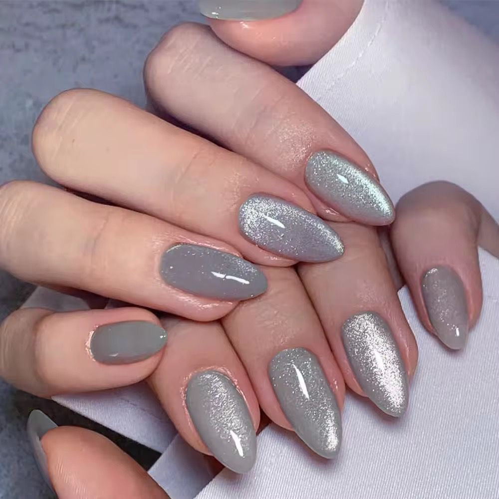 Grey Cat Eye Press On Nails -Almond Shape
