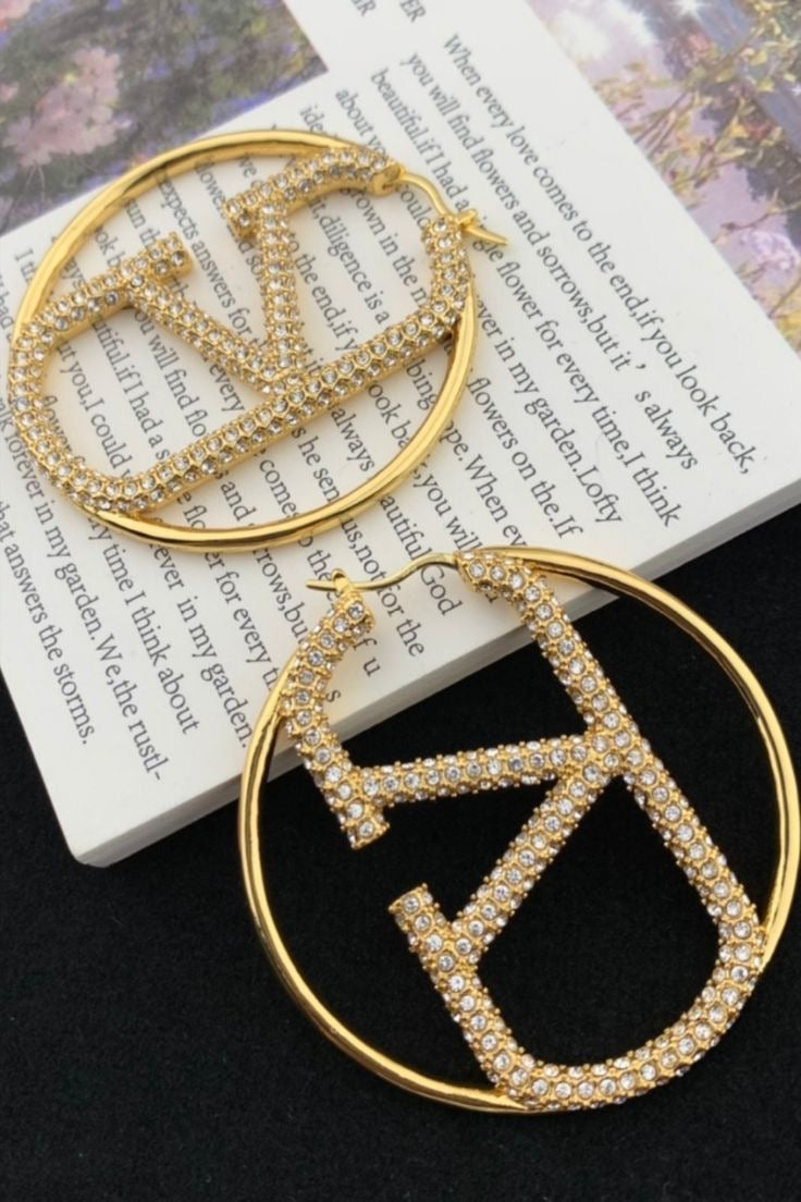 Luxurious V-Swarovski Crystal Signature Large Hoops -22K