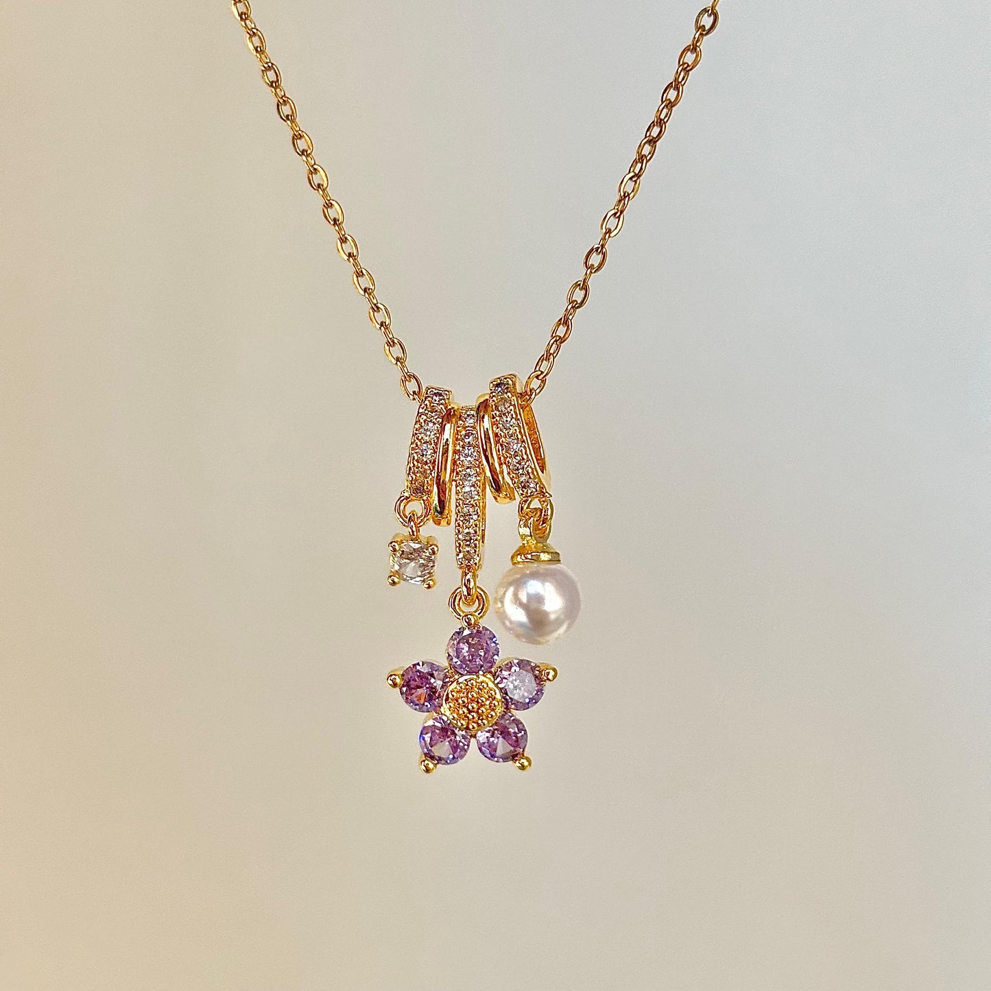 Lilac Florentine Pearl Gem Charm Necklace -18K