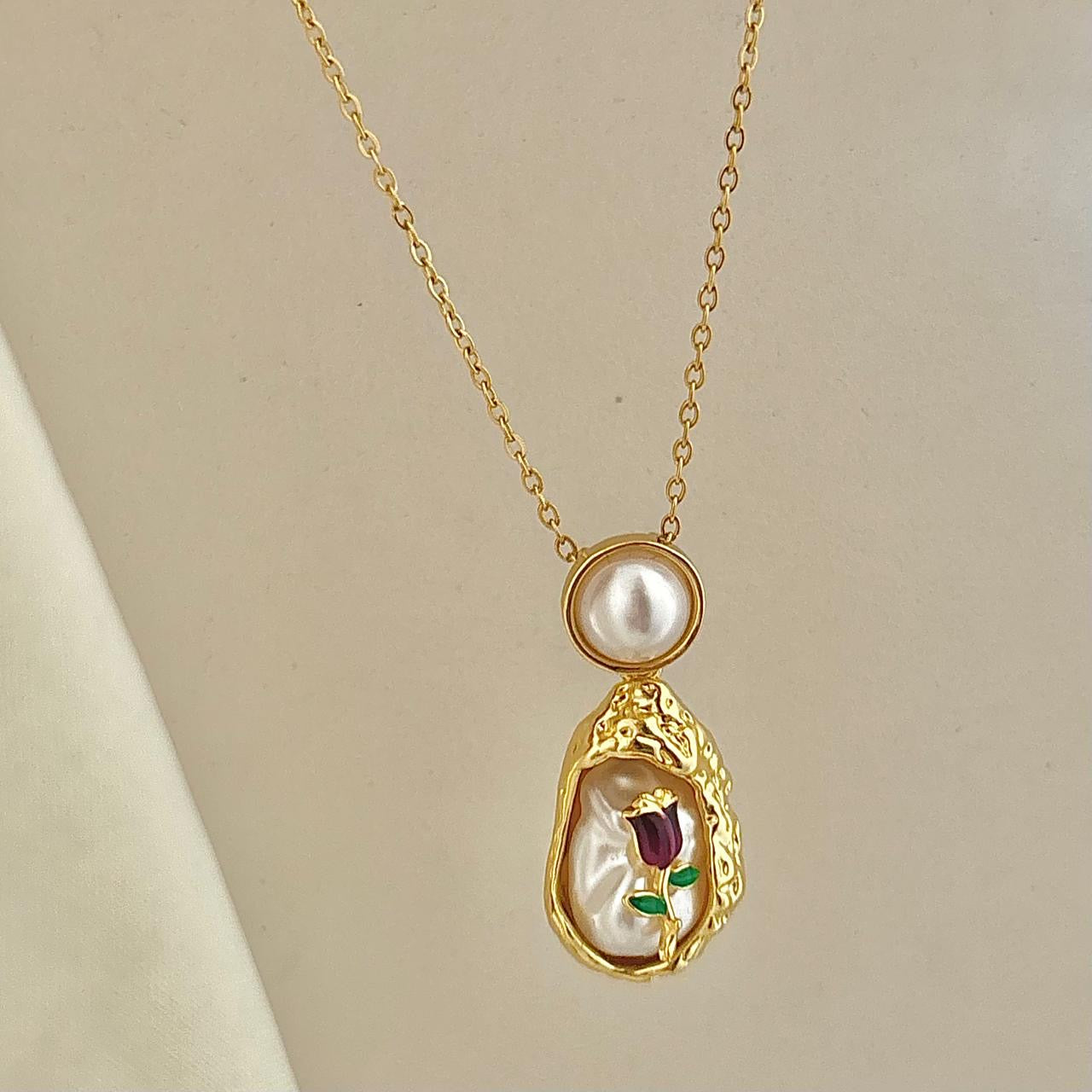 Madonna Pearl X Rose Necklace -18K