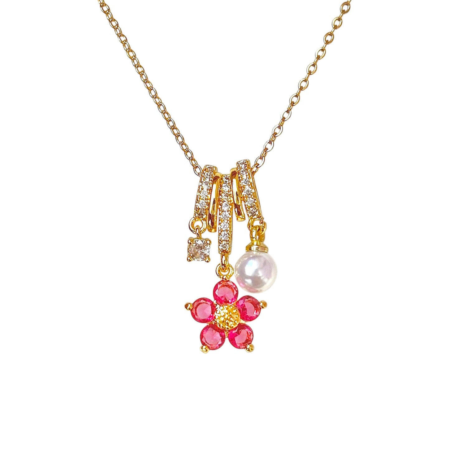 Fuchsia Florentine Pearl Gem Charm Necklace -18K