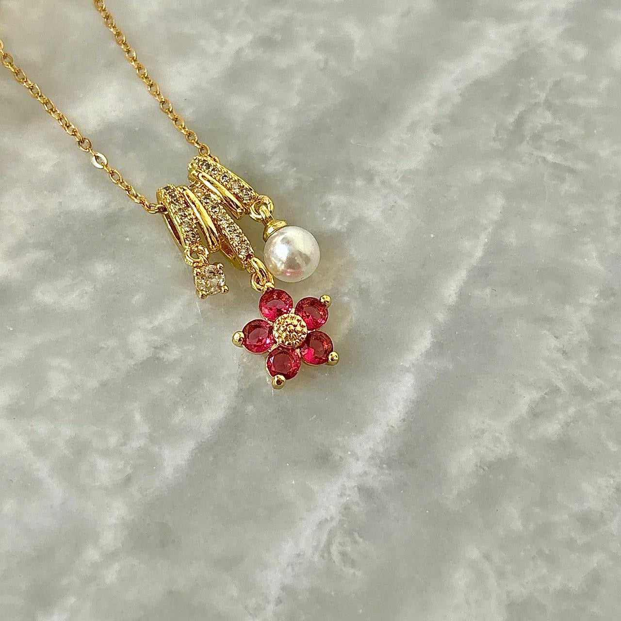 Fuchsia Florentine Pearl Gem Charm Necklace -18K