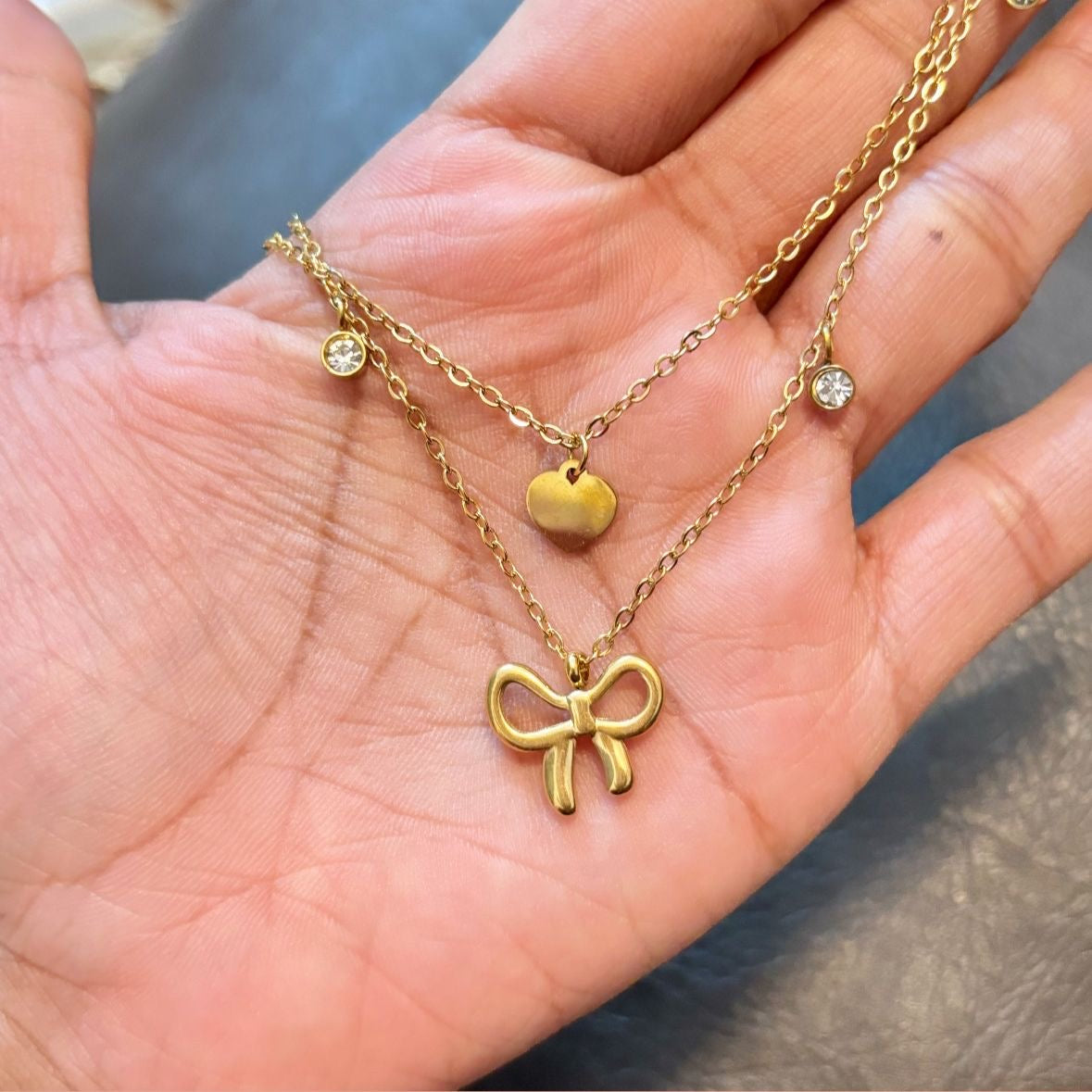 Bow Diamantés Heart Charm Layered Necklace -18K