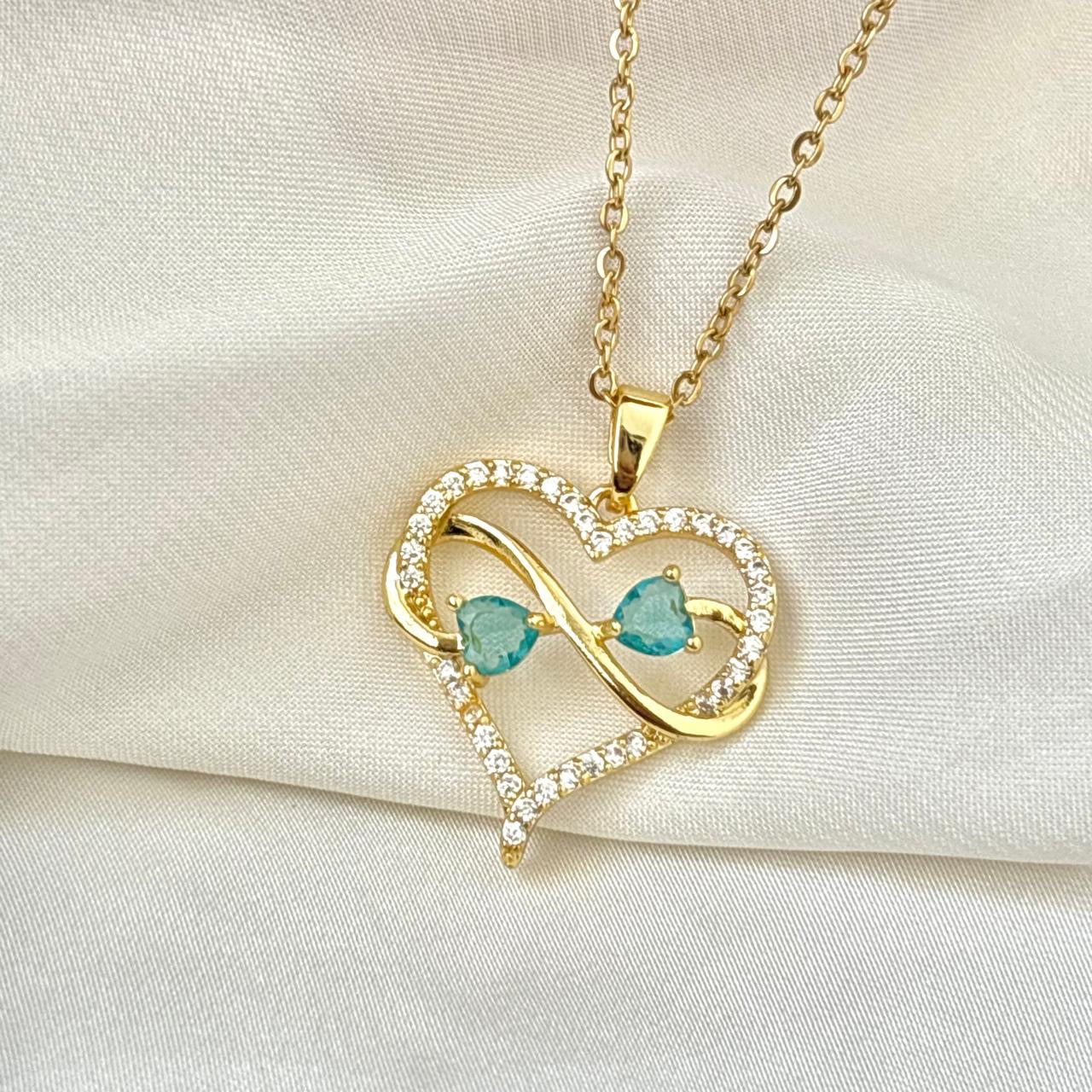 Heart Infinity Aqua X White Zircon Necklace -18K