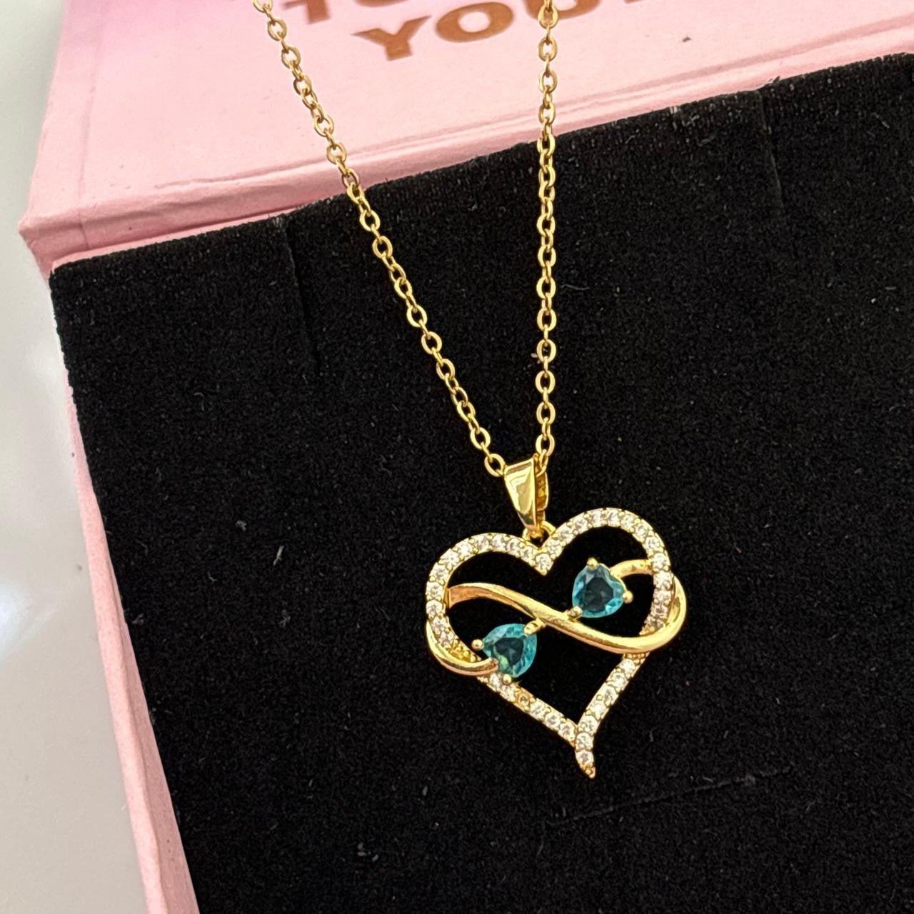 Heart Infinity Aqua X White Zircon Necklace -18K