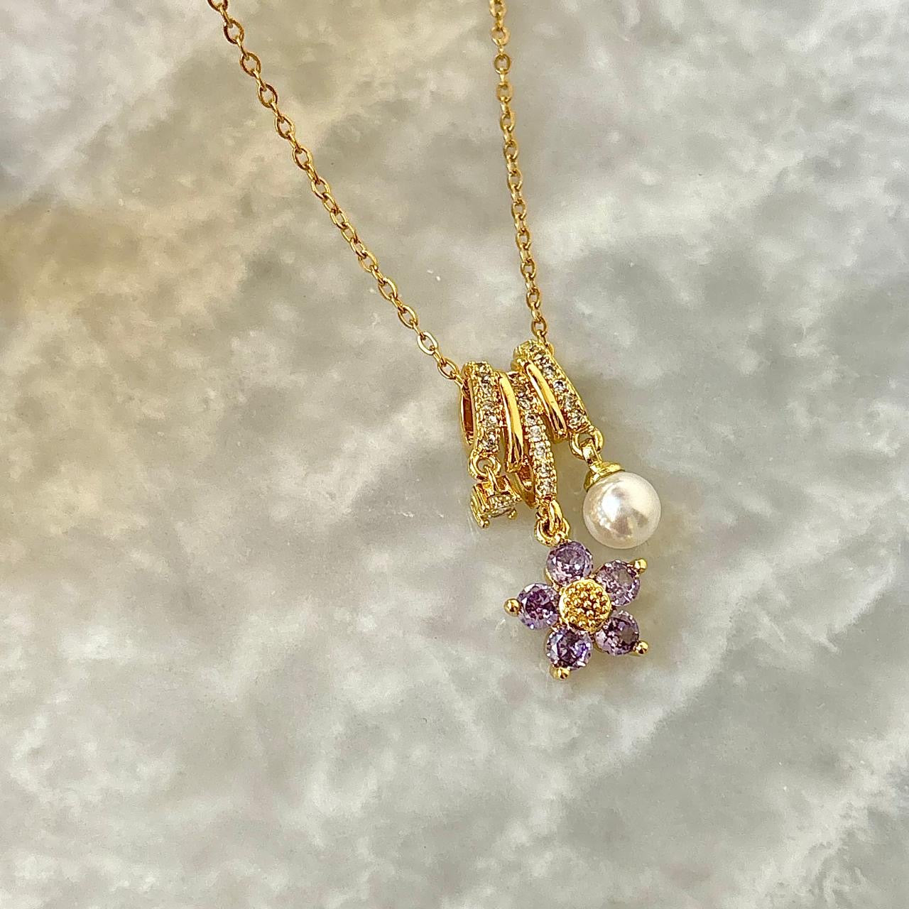 Lilac Florentine Pearl Gem Charm Necklace -18K