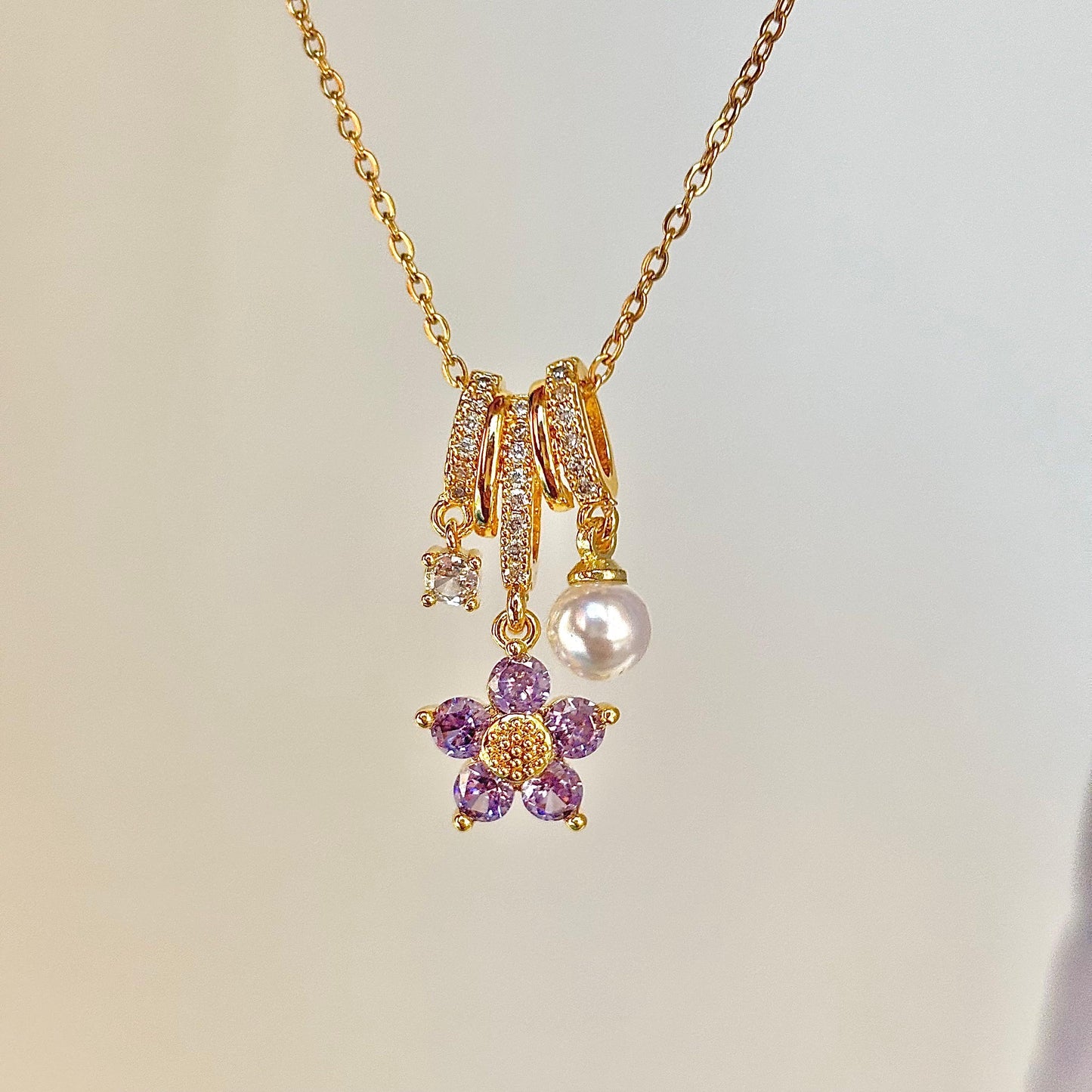 Lilac Florentine Pearl Gem Charm Necklace -18K