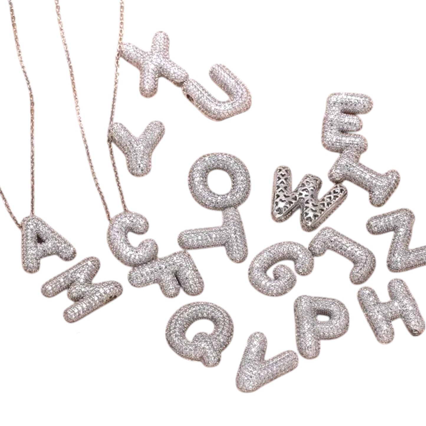 Paved Puffy Initial Necklace -Silver