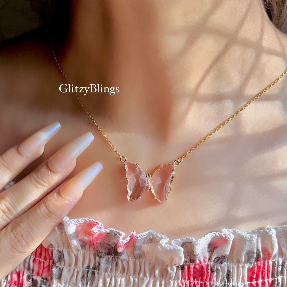 Pink Glass Crystal Butterfly Necklace