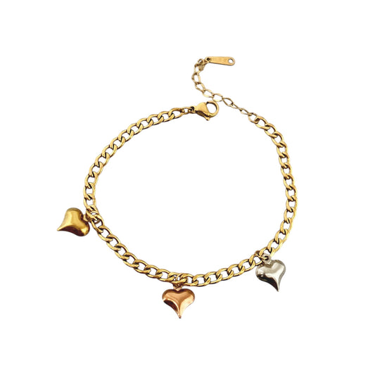 Figaro Anklet With Heart Charms -18K