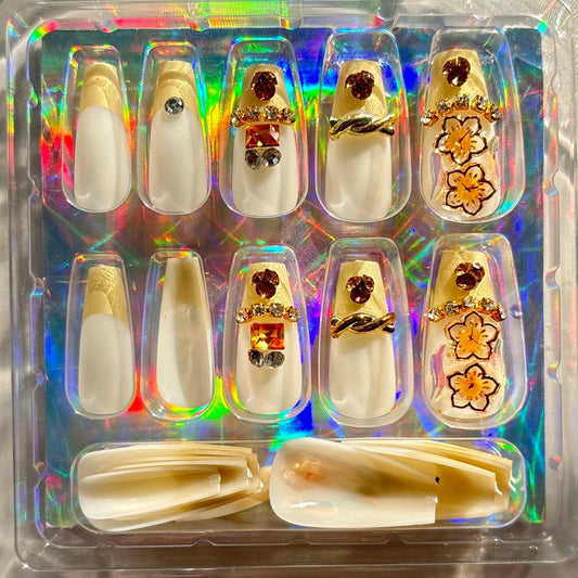 Gold French Tip Rhinestone Press On Nails