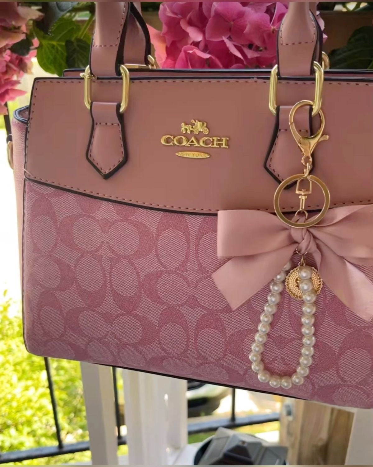 Ribbon Bow Pearl Bag X Phone Charm -Pink