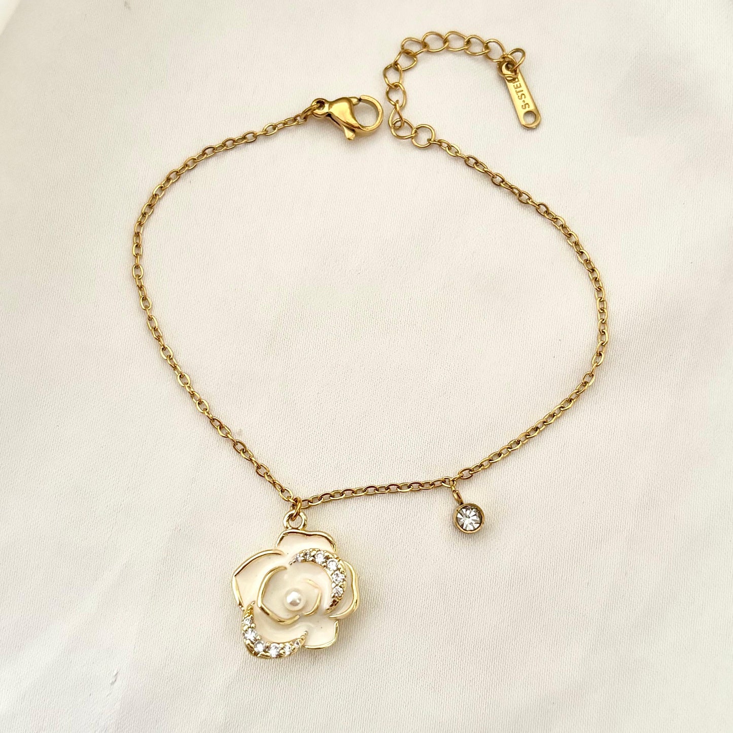 White Rose Diamond Charm Bracelet