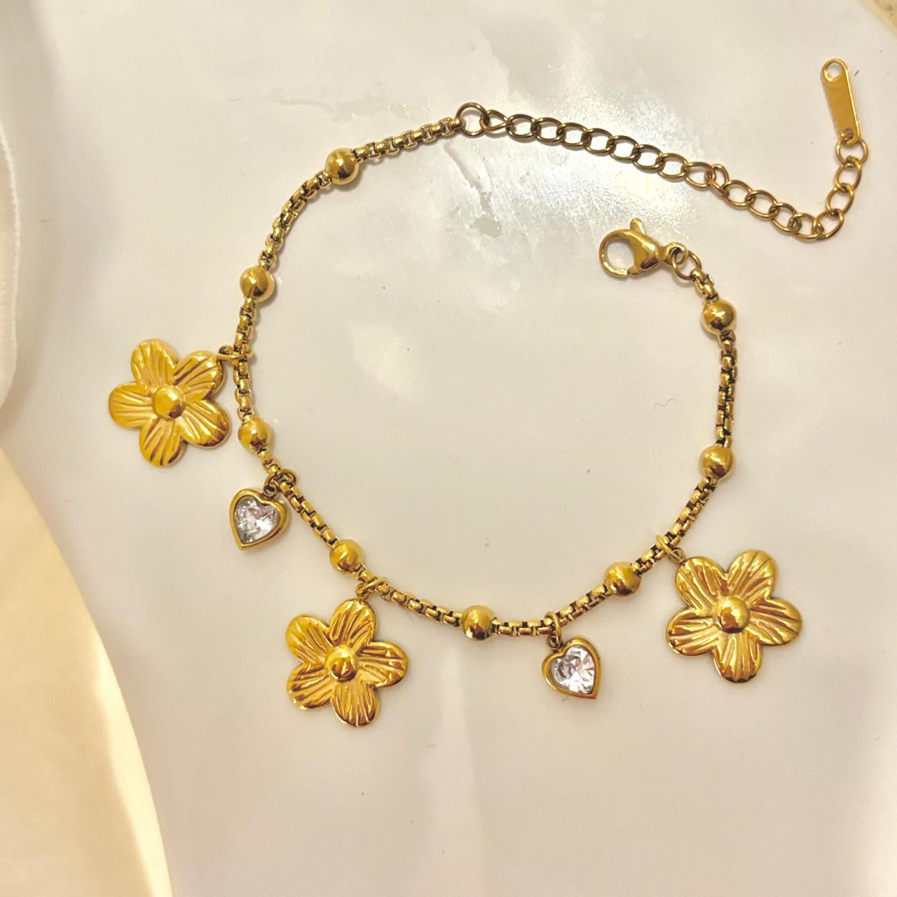 Flora Heart Cz Charm Bracelet