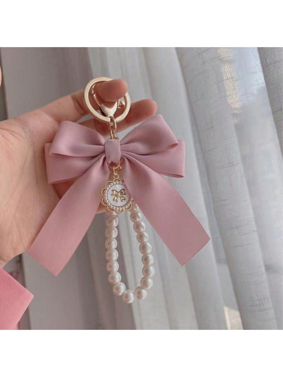 Ribbon Bow Pearl Bag X Phone Charm -Pink