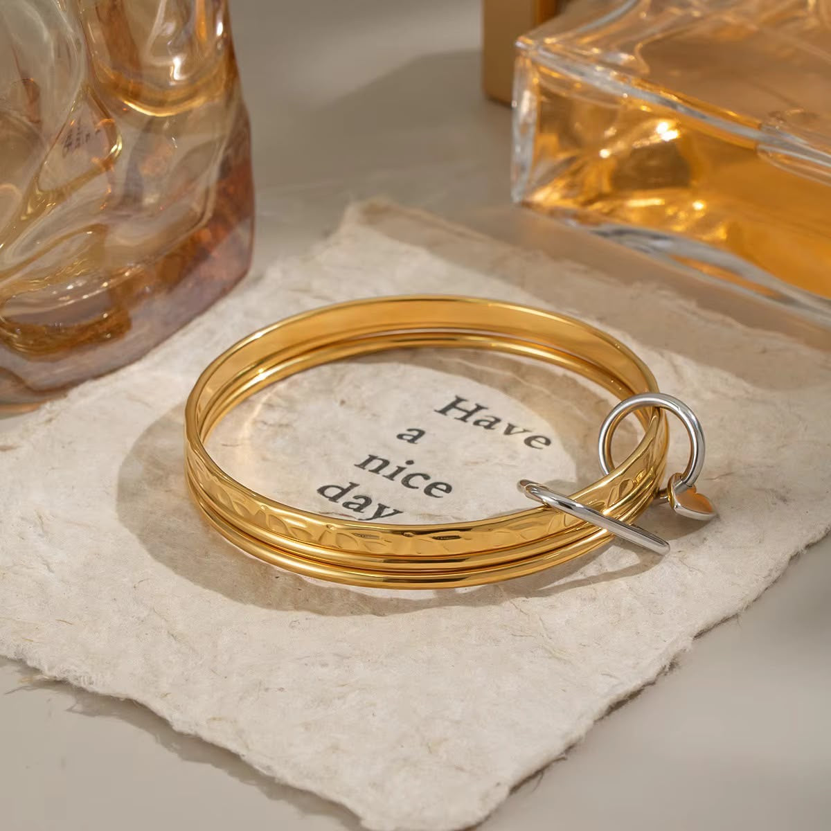 Amour Heart Lock Bangle Stack -Set Of Three