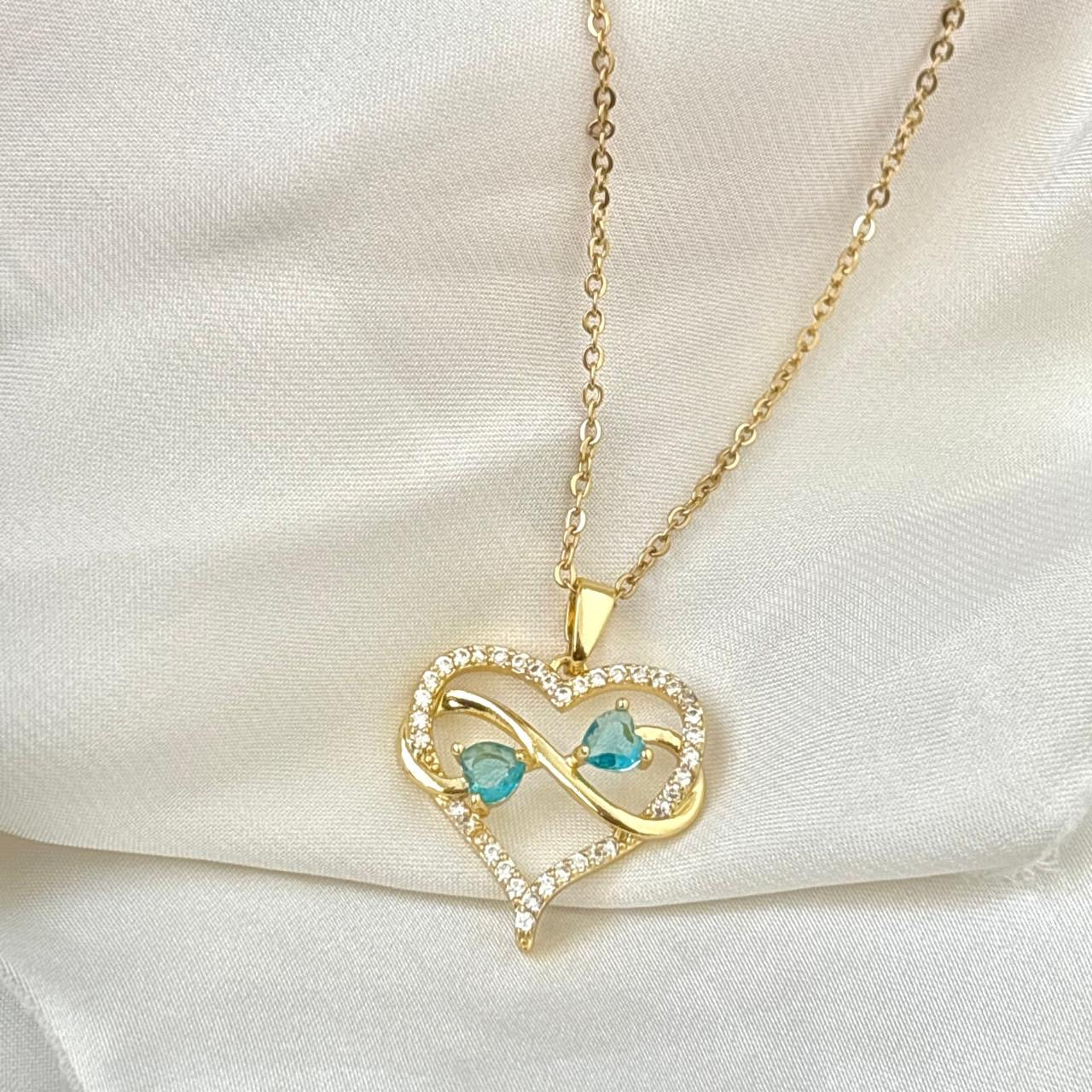 Heart Infinity Aqua X White Zircon Necklace -18K