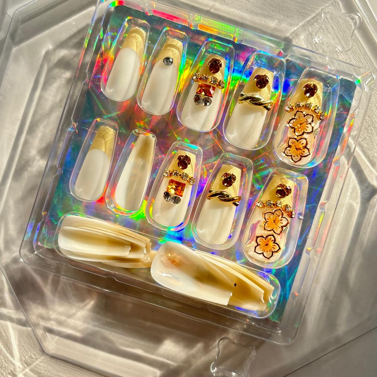 Gold French Tip Rhinestone Press On Nails