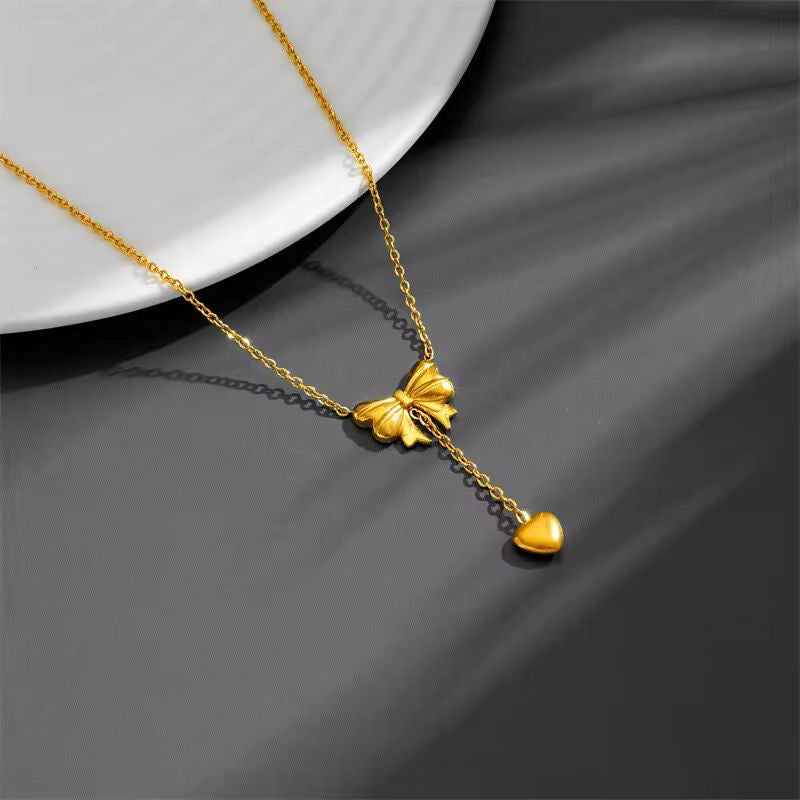 Bow Heart Lariat Necklace