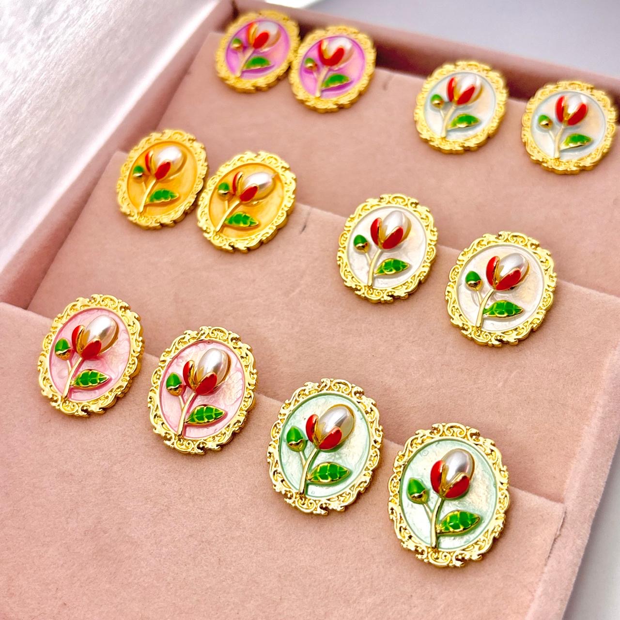 Whimsy Flora Studs -Hand Painted | White